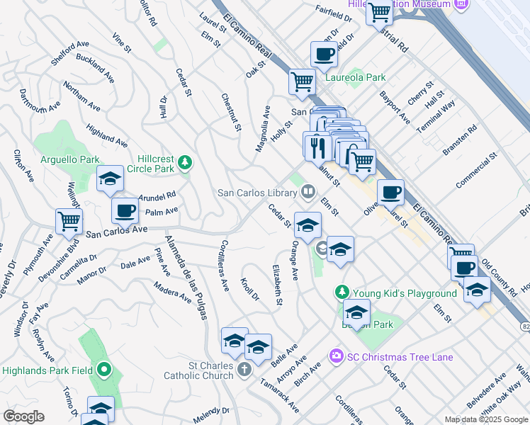 map of restaurants, bars, coffee shops, grocery stores, and more near 1625 San Carlos Avenue in San Carlos