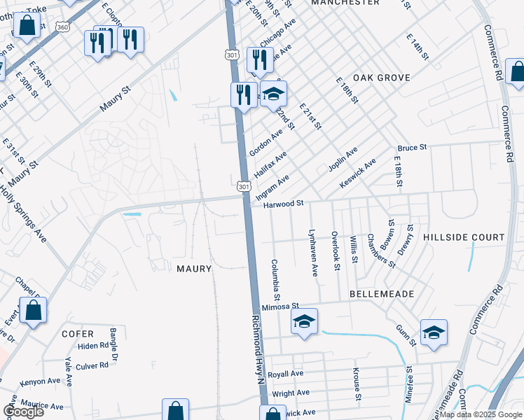 map of restaurants, bars, coffee shops, grocery stores, and more near 2504 Harwood Street in Richmond