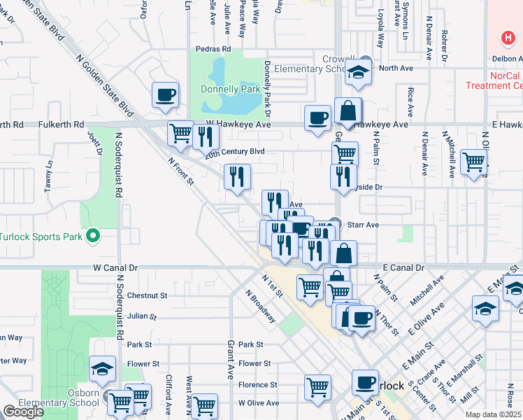map of restaurants, bars, coffee shops, grocery stores, and more near 1024 North Golden State Boulevard in Turlock