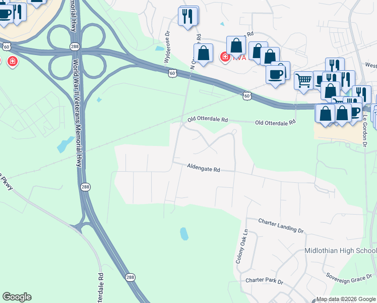 map of restaurants, bars, coffee shops, grocery stores, and more near 107 Little Hawk Place in Midlothian