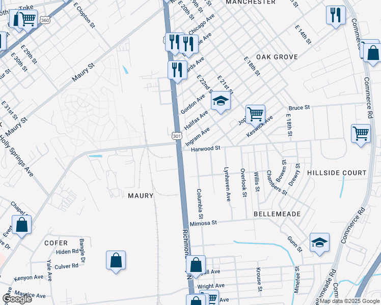 map of restaurants, bars, coffee shops, grocery stores, and more near 2504 Harwood Street in Richmond