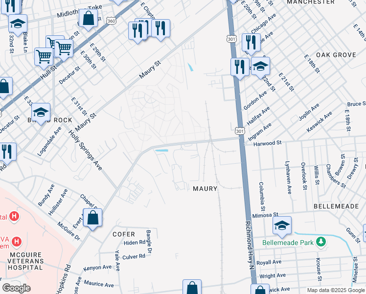 map of restaurants, bars, coffee shops, grocery stores, and more near 3100 North Hopkins Road in Richmond