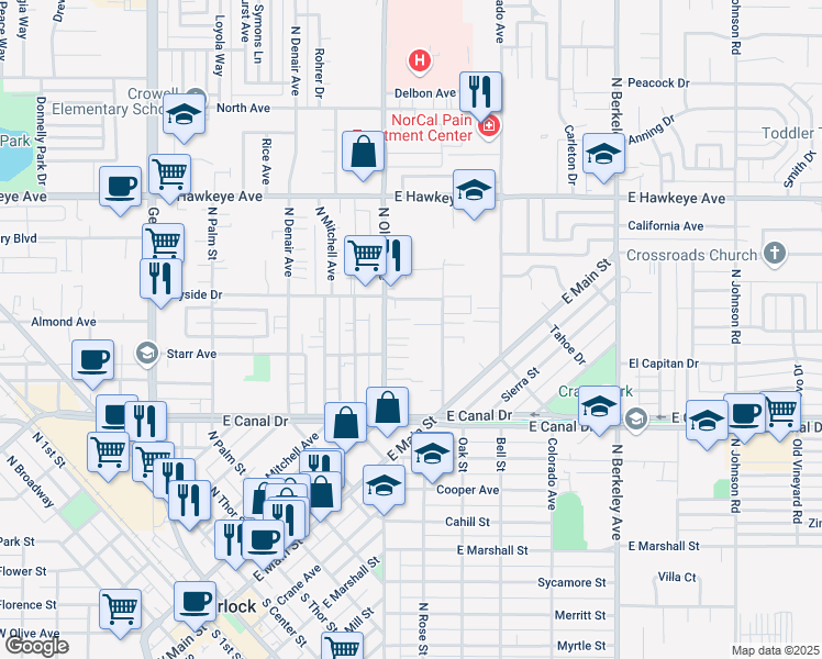 map of restaurants, bars, coffee shops, grocery stores, and more near 1080 North Olive Avenue in Turlock