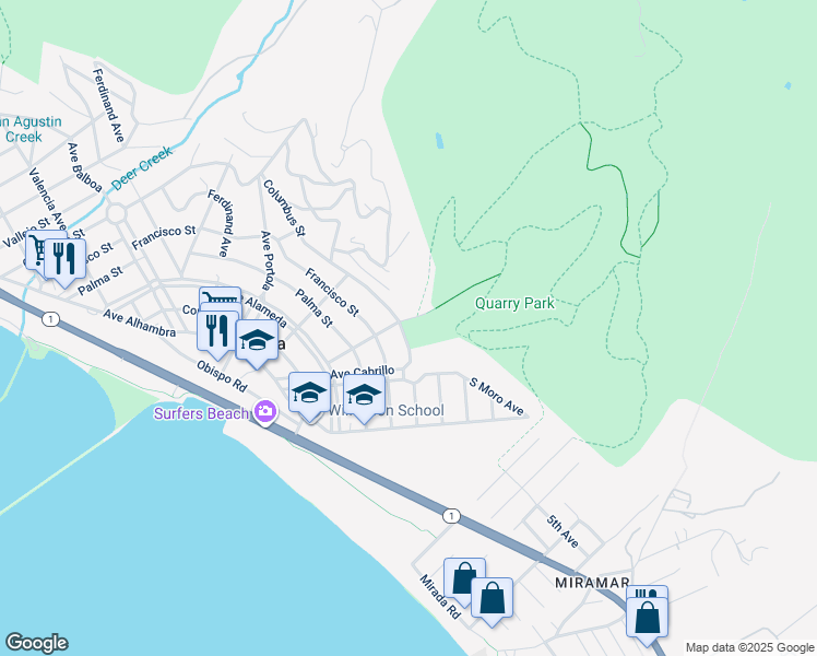 map of restaurants, bars, coffee shops, grocery stores, and more near 1195 Columbus Street in Half Moon Bay