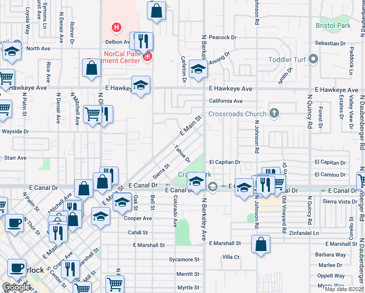 map of restaurants, bars, coffee shops, grocery stores, and more near 1107 Sierra Street in Turlock