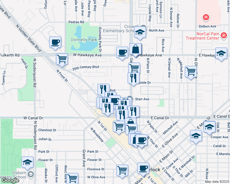 map of restaurants, bars, coffee shops, grocery stores, and more near 180 Almond Avenue in Turlock