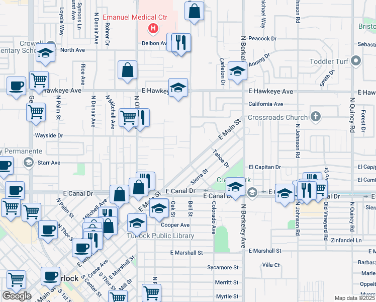 map of restaurants, bars, coffee shops, grocery stores, and more near 1065 Colorado Avenue in Turlock