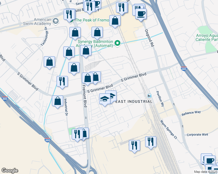 map of restaurants, bars, coffee shops, grocery stores, and more near 44862 South Grimmer Boulevard in Fremont