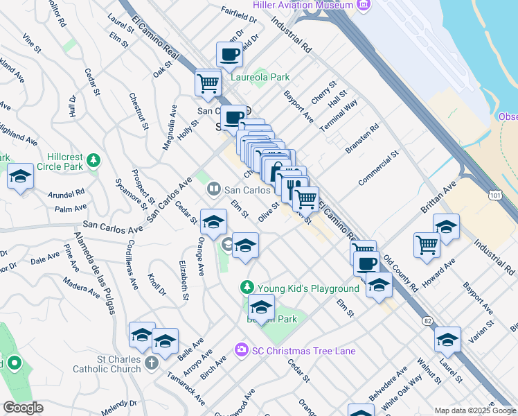 map of restaurants, bars, coffee shops, grocery stores, and more near 798 Walnut Street in San Carlos