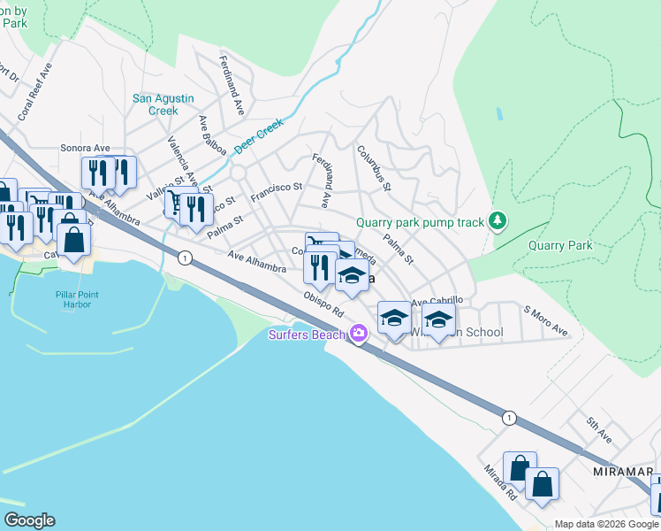 map of restaurants, bars, coffee shops, grocery stores, and more near 509 Avenue Alhambra in Half Moon Bay