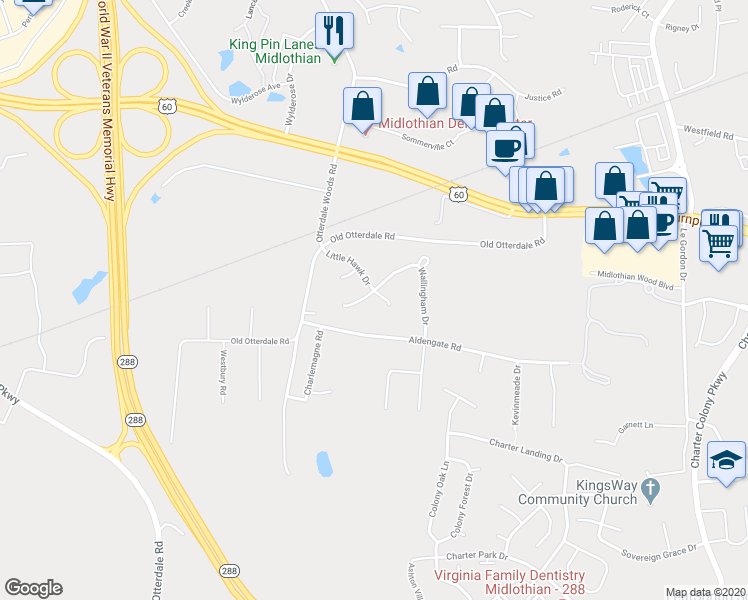 map of restaurants, bars, coffee shops, grocery stores, and more near 130 Little Hawk Place in Midlothian