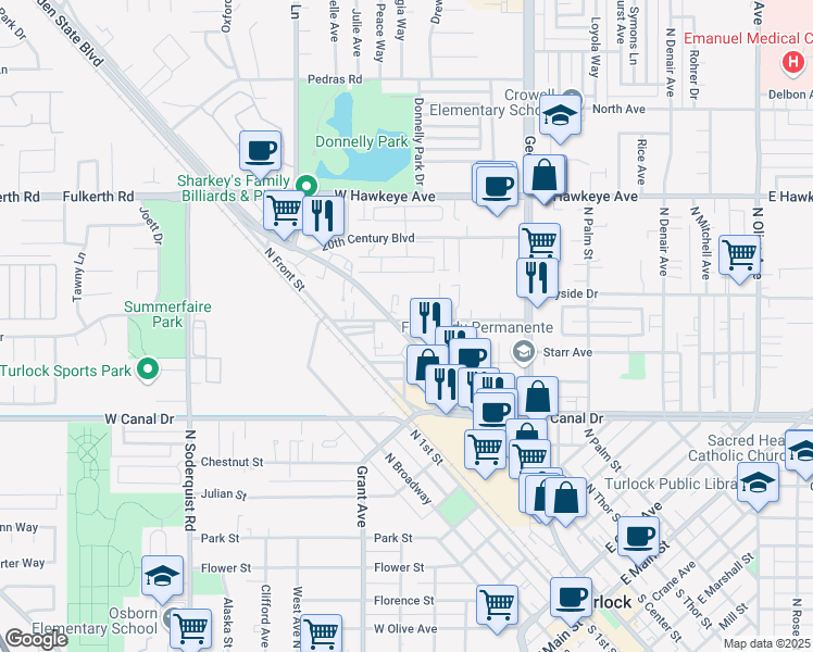 map of restaurants, bars, coffee shops, grocery stores, and more near 1024 North Golden State Boulevard in Turlock