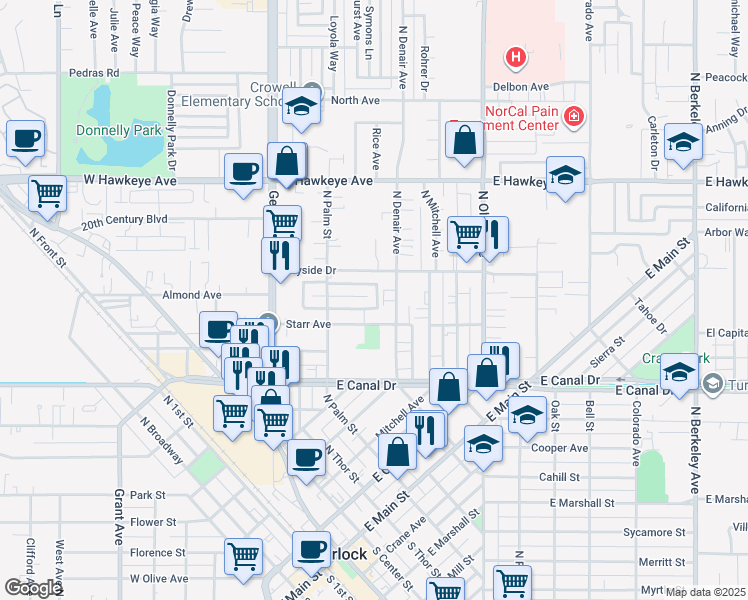 map of restaurants, bars, coffee shops, grocery stores, and more near 390 Bel Air Court in Turlock