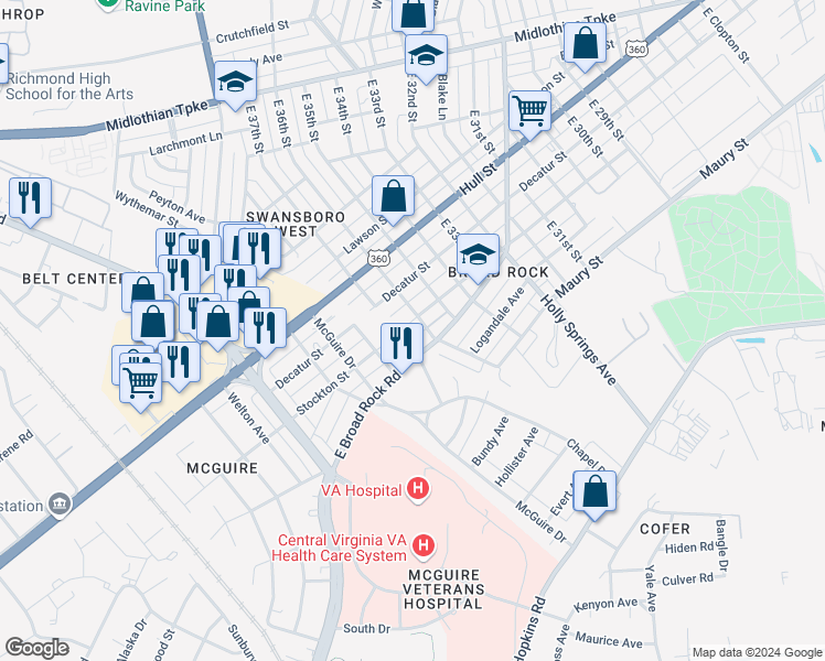map of restaurants, bars, coffee shops, grocery stores, and more near 3604 Stockton Street in Richmond