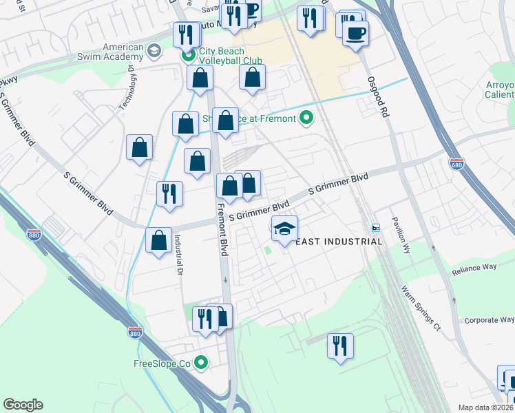 map of restaurants, bars, coffee shops, grocery stores, and more near 44840-44848 South Grimmer Boulevard in Fremont