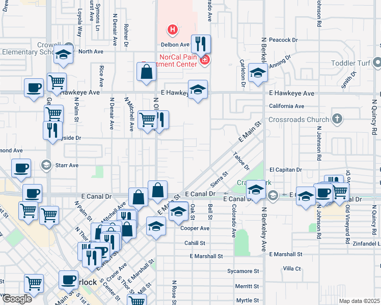 map of restaurants, bars, coffee shops, grocery stores, and more near 1108 Pioneer Avenue in Turlock