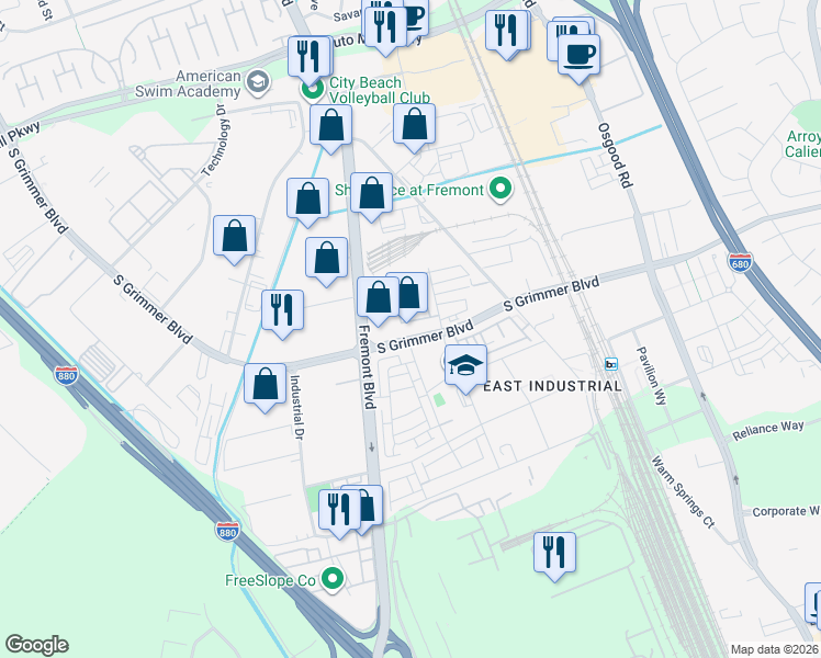 map of restaurants, bars, coffee shops, grocery stores, and more near 44840-44848 South Grimmer Boulevard in Fremont