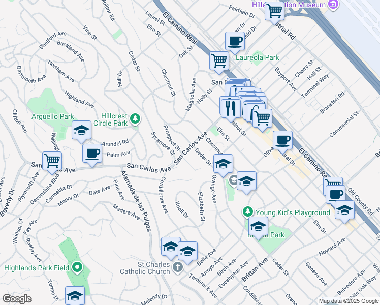 map of restaurants, bars, coffee shops, grocery stores, and more near 1625 San Carlos Avenue in San Carlos