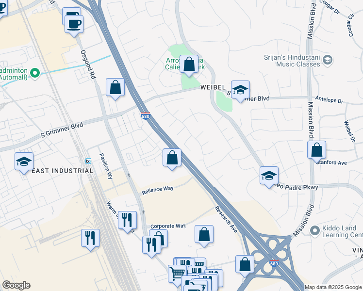 map of restaurants, bars, coffee shops, grocery stores, and more near 1459 Deschutes Place in Fremont