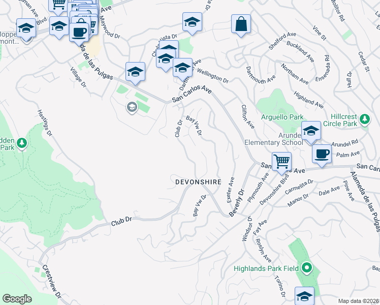 map of restaurants, bars, coffee shops, grocery stores, and more near Club Drive in San Carlos