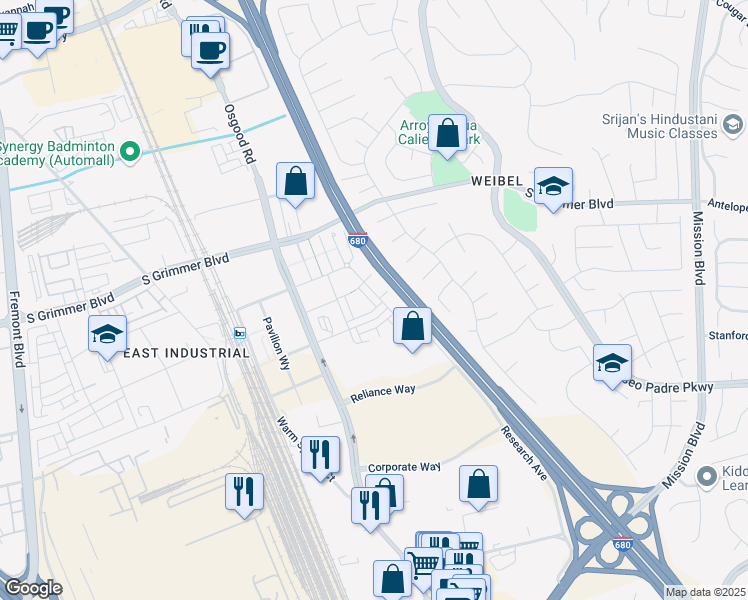 map of restaurants, bars, coffee shops, grocery stores, and more near 45273 Tom Blalock Street in Fremont