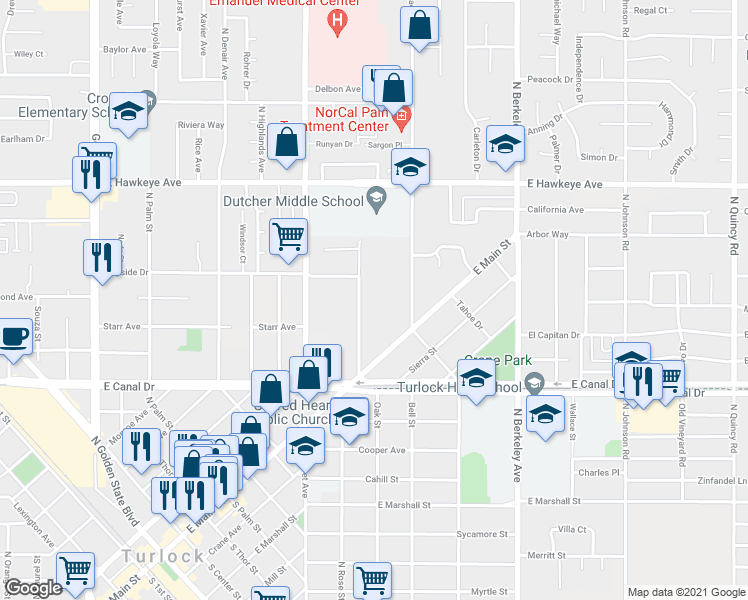 map of restaurants, bars, coffee shops, grocery stores, and more near 1108 Pioneer Avenue in Turlock