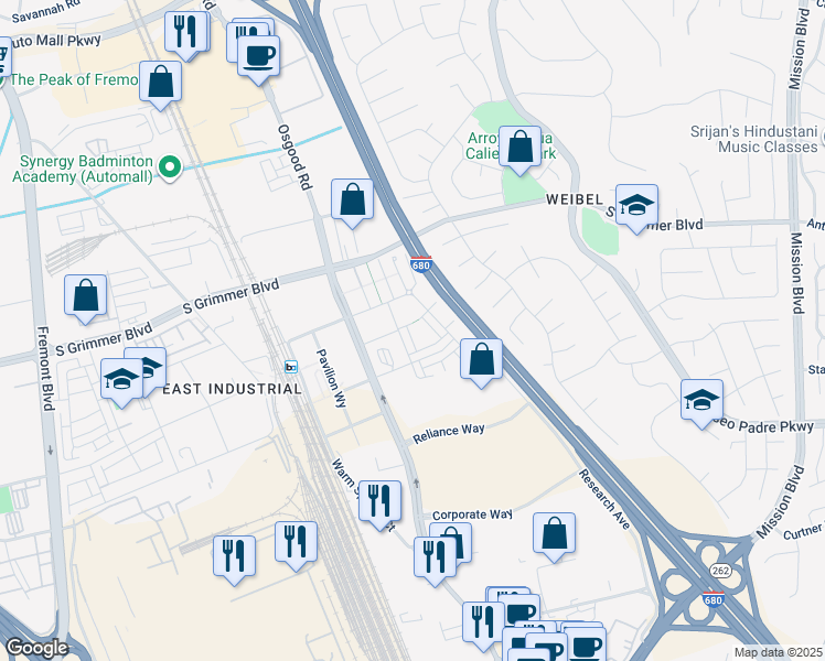 map of restaurants, bars, coffee shops, grocery stores, and more near 45268 Navigation Street in Fremont