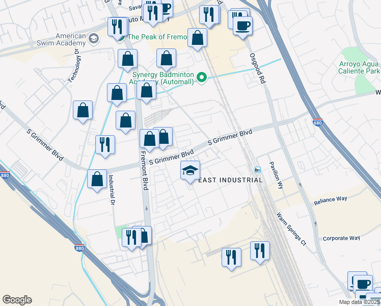 map of restaurants, bars, coffee shops, grocery stores, and more near 44862 South Grimmer Boulevard in Fremont