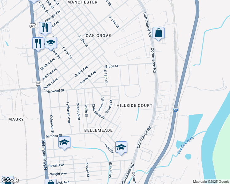 map of restaurants, bars, coffee shops, grocery stores, and more near 1325 Minefee Street in Richmond