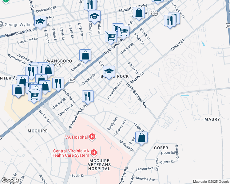 map of restaurants, bars, coffee shops, grocery stores, and more near 3401 Maury Street in Richmond