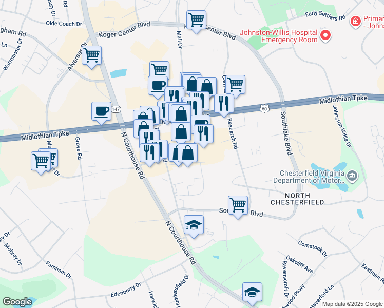 map of restaurants, bars, coffee shops, grocery stores, and more near 11313 Midlothian Turnpike in Richmond