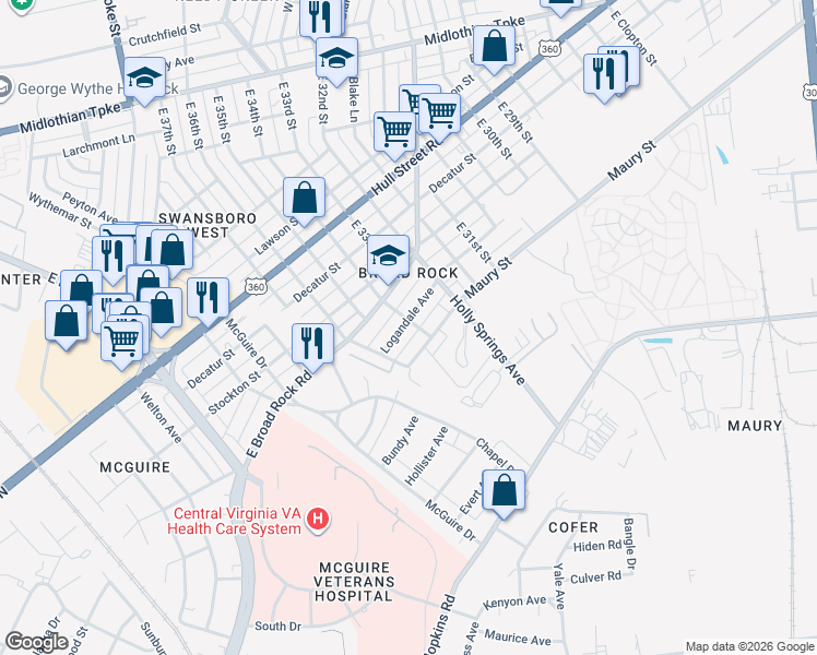 map of restaurants, bars, coffee shops, grocery stores, and more near 3401 Maury Street in Richmond