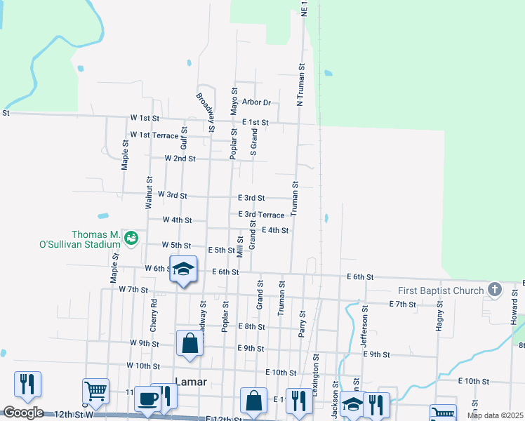 map of restaurants, bars, coffee shops, grocery stores, and more near 301-499 E 3rd Terrace in Lamar