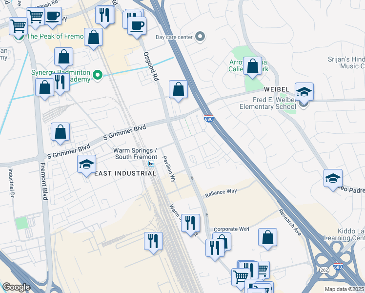 map of restaurants, bars, coffee shops, grocery stores, and more near 45129 Warm Springs Boulevard in Fremont