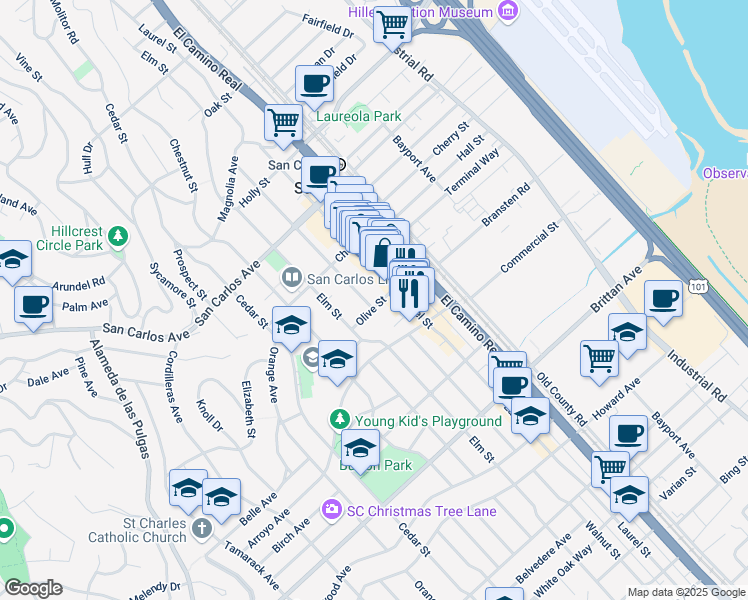 map of restaurants, bars, coffee shops, grocery stores, and more near 798 Walnut Street in San Carlos