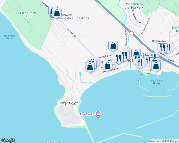 map of restaurants, bars, coffee shops, grocery stores, and more near 111 Stanford Avenue in Half Moon Bay