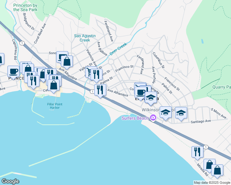 map of restaurants, bars, coffee shops, grocery stores, and more near Avenue Alhambra in El Granada