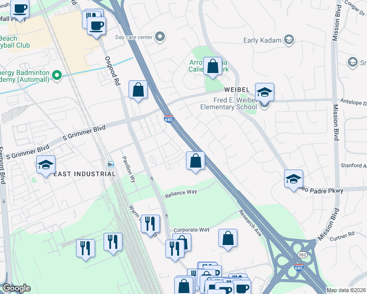 map of restaurants, bars, coffee shops, grocery stores, and more near 45273 Tom Blalock Street in Fremont