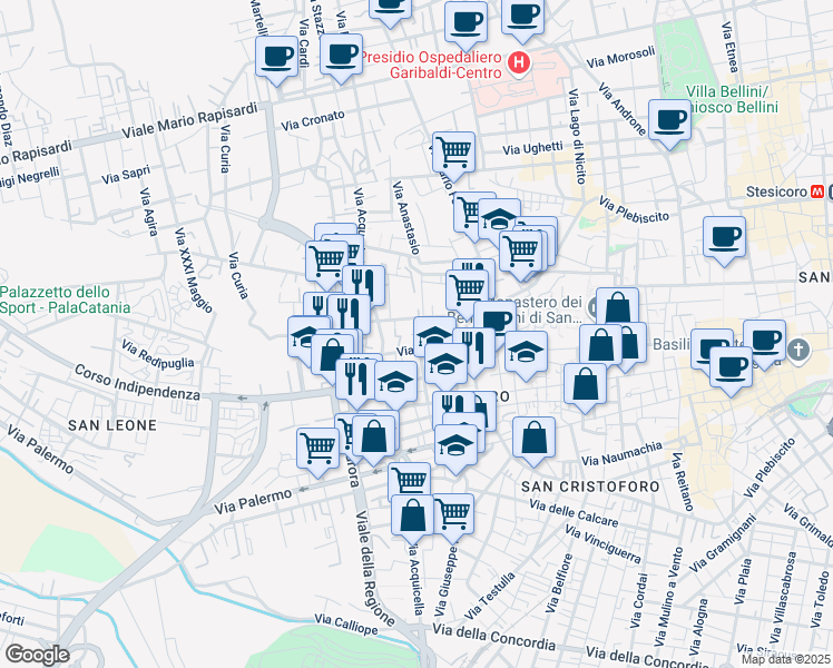 map of restaurants, bars, coffee shops, grocery stores, and more near 26 Via Grassi in Catania