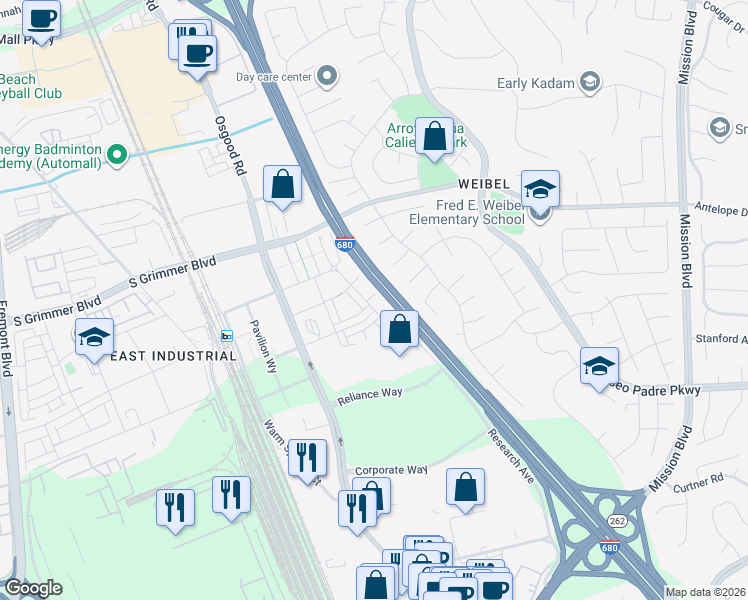 map of restaurants, bars, coffee shops, grocery stores, and more near 45273 Tom Blalock Street in Fremont