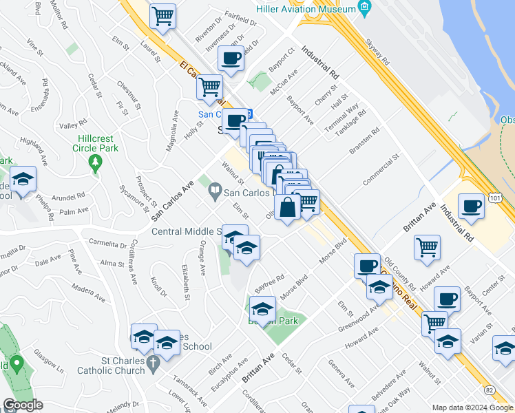 map of restaurants, bars, coffee shops, grocery stores, and more near 798 Walnut Street in San Carlos