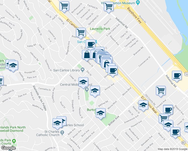 map of restaurants, bars, coffee shops, grocery stores, and more near 776 Elm Street in San Carlos