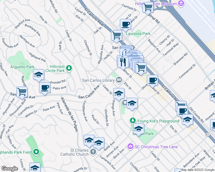 map of restaurants, bars, coffee shops, grocery stores, and more near 655 Cedar Street in San Carlos
