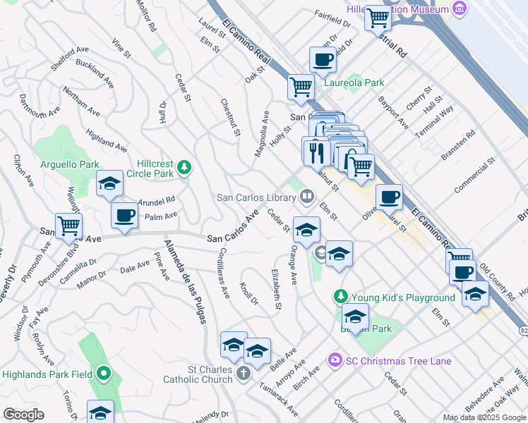 map of restaurants, bars, coffee shops, grocery stores, and more near in San Carlos