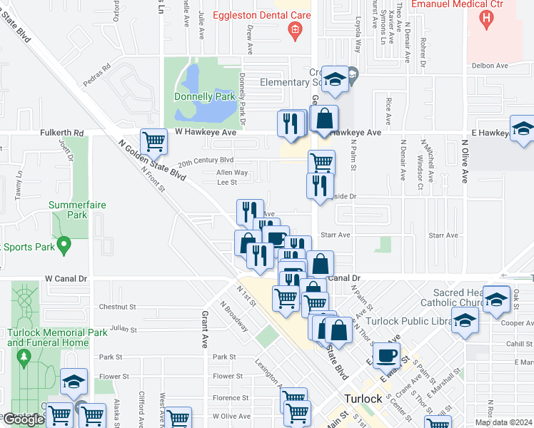 map of restaurants, bars, coffee shops, grocery stores, and more near 245 Almond Avenue in Turlock