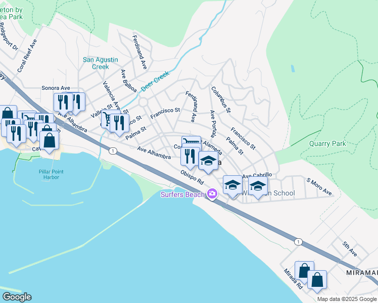 map of restaurants, bars, coffee shops, grocery stores, and more near 318 Coronado Avenue in Half Moon Bay