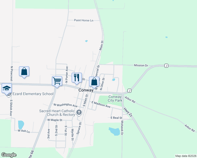 map of restaurants, bars, coffee shops, grocery stores, and more near 202 North Pine Street in Conway