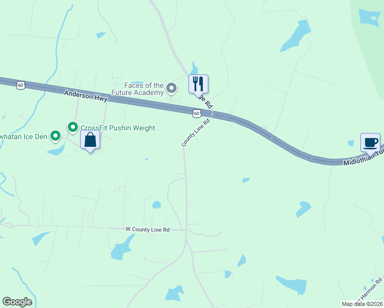 map of restaurants, bars, coffee shops, grocery stores, and more near 201 County Line Road in Midlothian