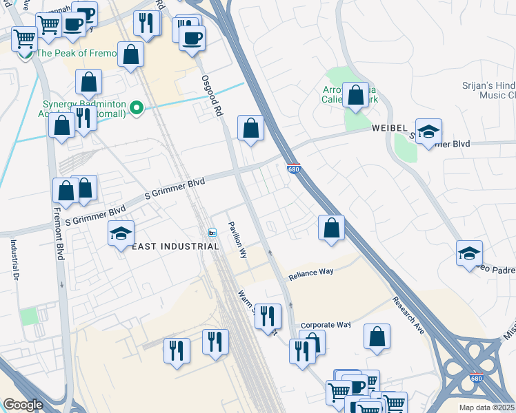 map of restaurants, bars, coffee shops, grocery stores, and more near 45128 Warm Springs Boulevard in Fremont