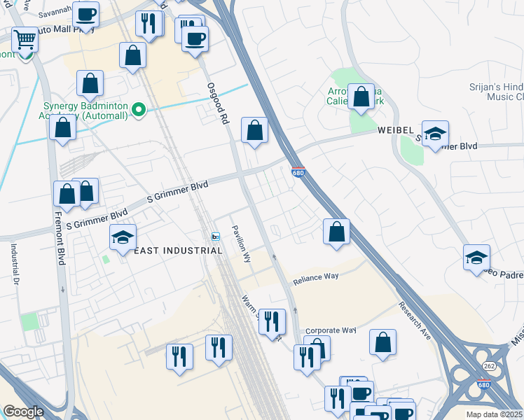 map of restaurants, bars, coffee shops, grocery stores, and more near 45128 Warm Springs Boulevard in Fremont